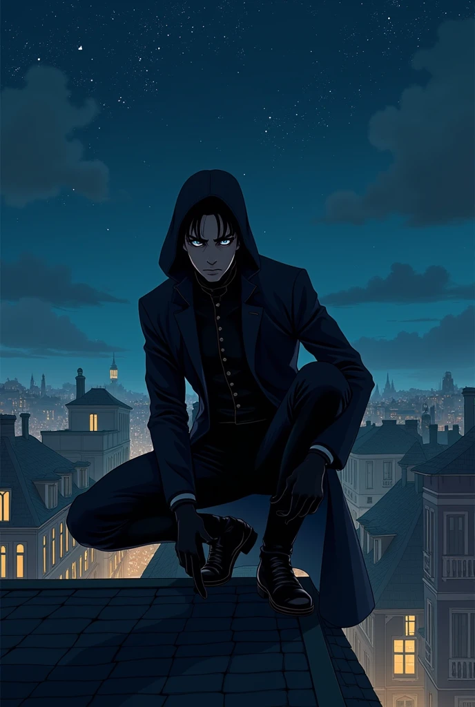 Anime man in the france 1890 at night mangá in top of a house like an assasin stelf (anime style)