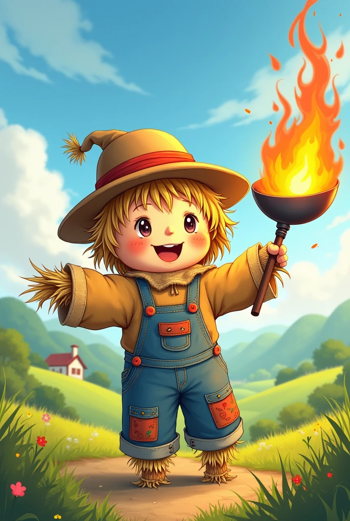 Create a kawaii illustration of a scarecrow with a frying pan in his hand that is burning.
