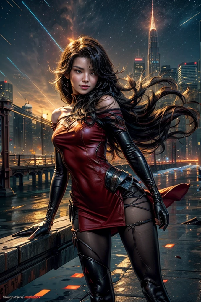 (masterpiece, best quality:1.2), cowboy shot, solo, 1girl, cinder fall, looking at viewer, long hair, red dress, elbow gloves, pantyhose, dynamic pose, next to wrecked bridge, wrecked skyscrapers, holding fire, night, stars, evil smile, post-apocalypse, dystopian future  crowd, (volumetric lighting), sharp focus, hyper detailed 