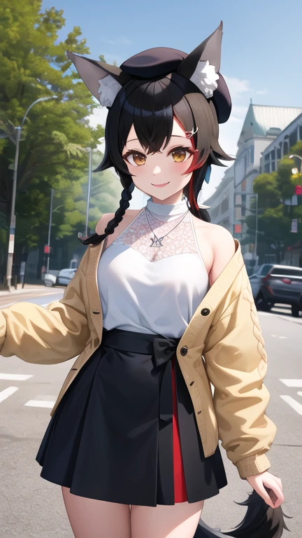 masterpiece, best quality, highres, miosha1, hairclip, side braid, ponytail, hat, beret, wolf tail, breasts, high-waist skirt, black skirt, white shirt, necklace, sleeveless shirt, brown cardigan, cowboy shot, standing, outdoors, looking at viewer, smile