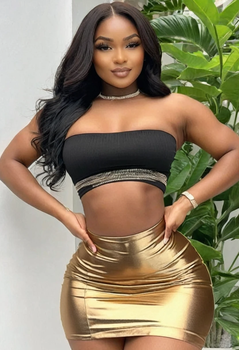 (best high quality:1.5), (8k), extremely detailed, (High details:1.4), Solo, Angolan female with 24 years old, (crop top, micro-skirt), ((sexy hot robust hourglass body)), (square-shaped defined pretty face:1.45),