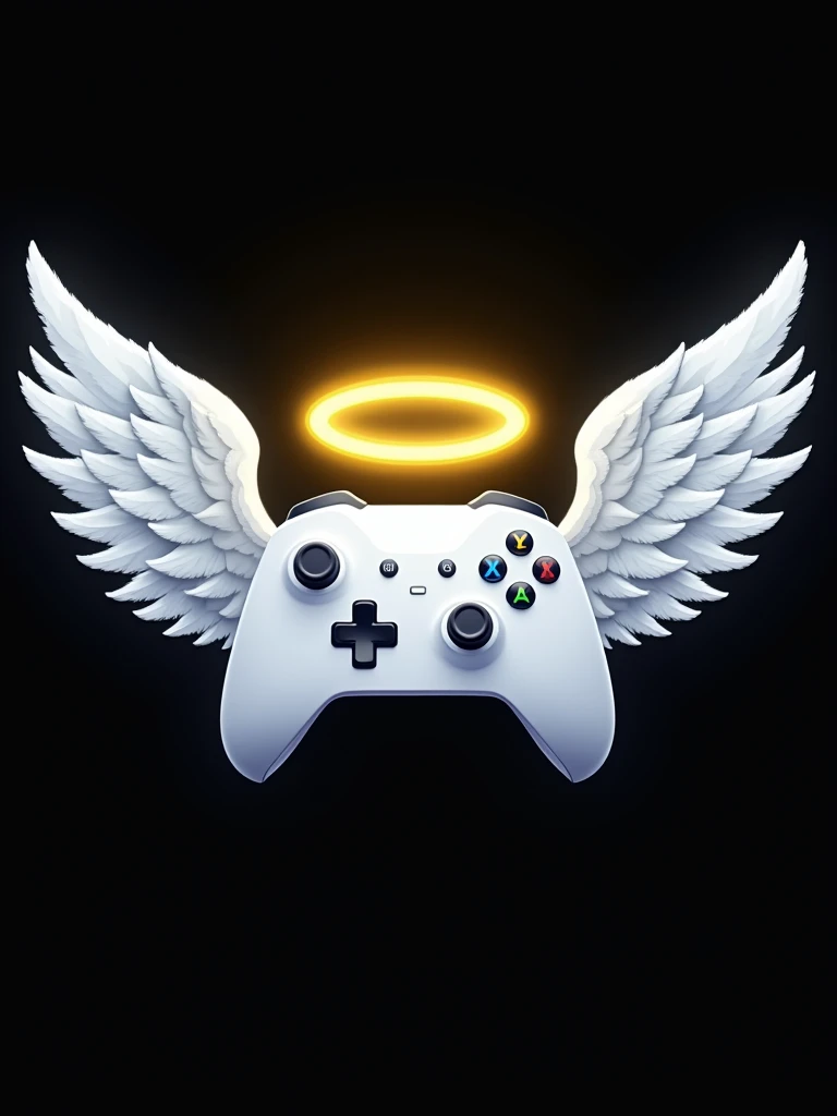 Digital illustration featuring a white video game controller with angelic elements. The controller is centrally positioned and adorned with a glowing yellow halo above it. On either side of the controller, there are large, detailed white wings with a feathery texture, also glowing with a yellow aura. The controller has black buttons and blue directional buttons, adding a pop of color. The background is black, which makes the bright elements of the controller, halo, and wings stand out prominently. The overall style is modern and vibrant, with a focus on the contrast between the bright elements and the dark background.