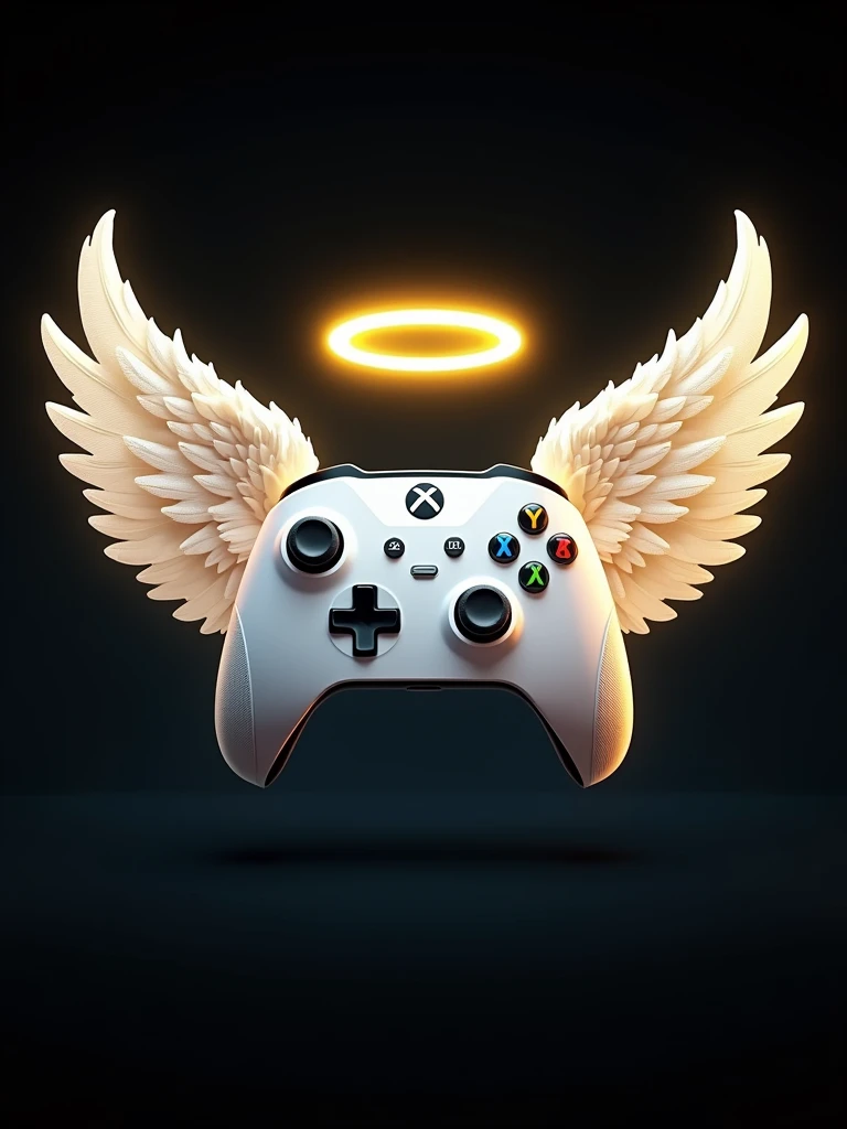 Digital illustration featuring a white video game controller with angelic elements. The controller is centrally positioned and adorned with a glowing yellow halo above it. On either side of the controller, there are large, detailed white wings with a feathery texture, also glowing with a yellow aura. The controller has black buttons and blue directional buttons, adding a pop of color. The background is black, which makes the bright elements of the controller, halo, and wings stand out prominently. The overall style is modern and vibrant, with a focus on the contrast between the bright elements and the dark background.