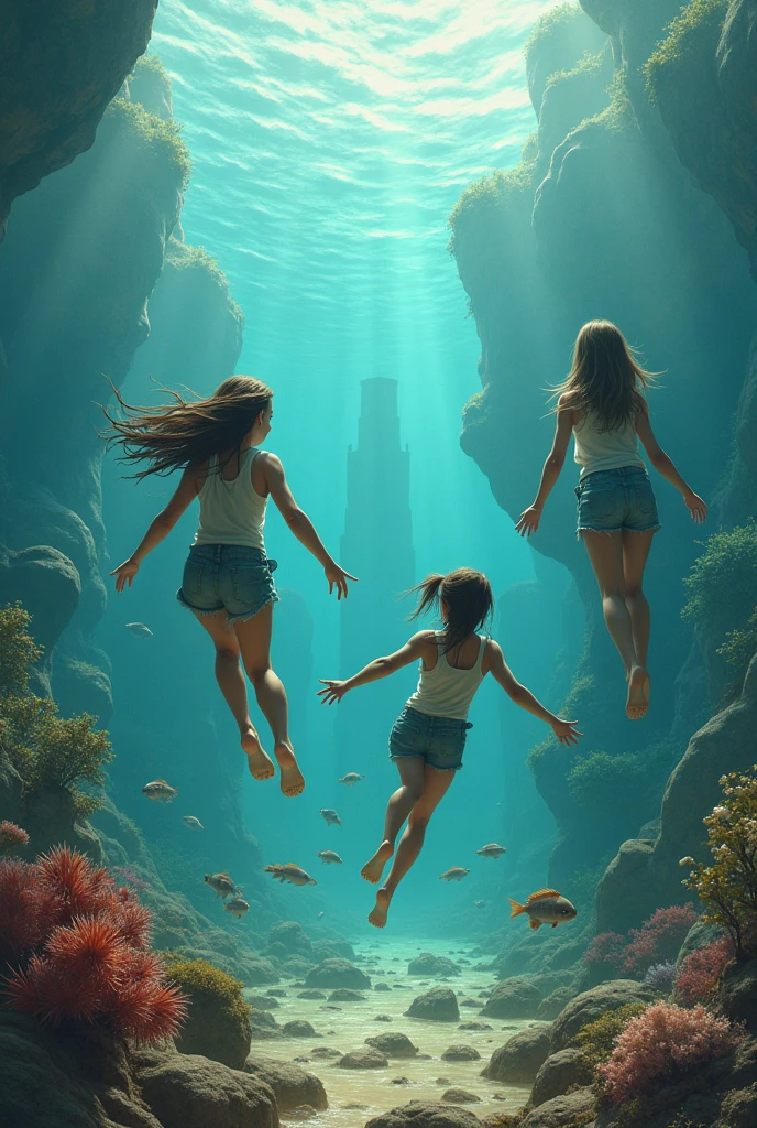 create an image that shows what the earth looked like (including fauna and flora) in the Silurian period (shallow seas, mountainscape, rocks and invertebrate animals) 
now add three  girls swimming in the water (I want to see your faces)