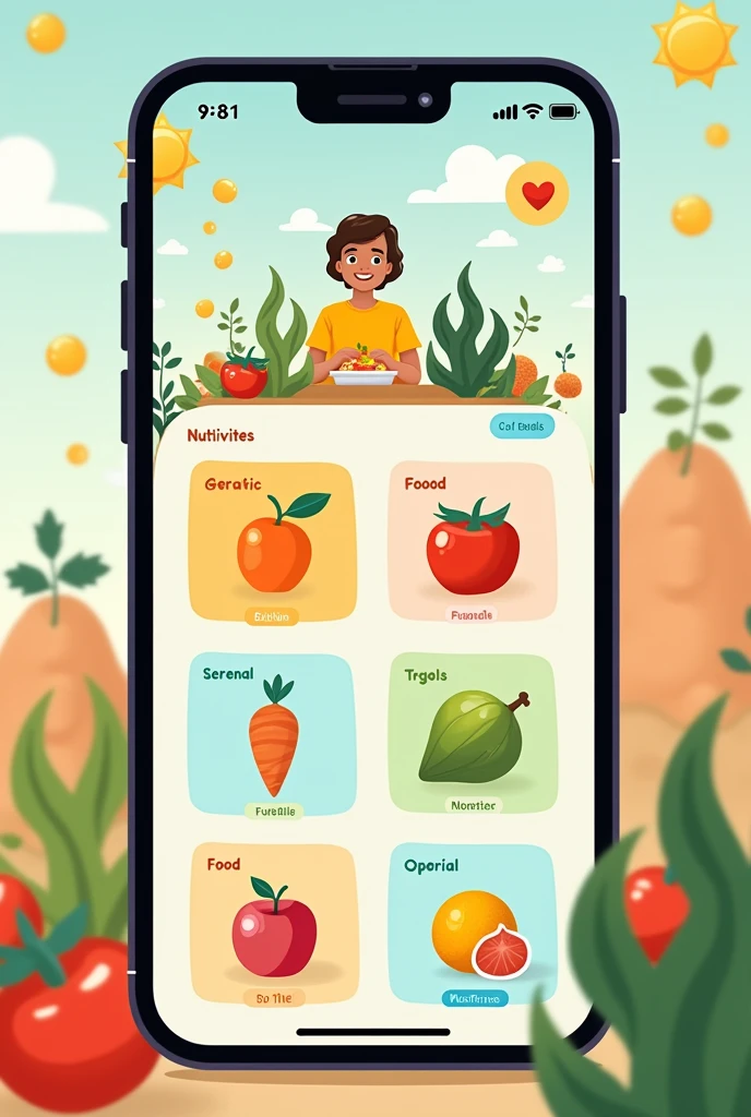 Create a mobile app template about food selectivity with healthy food items for children with eating difficulties