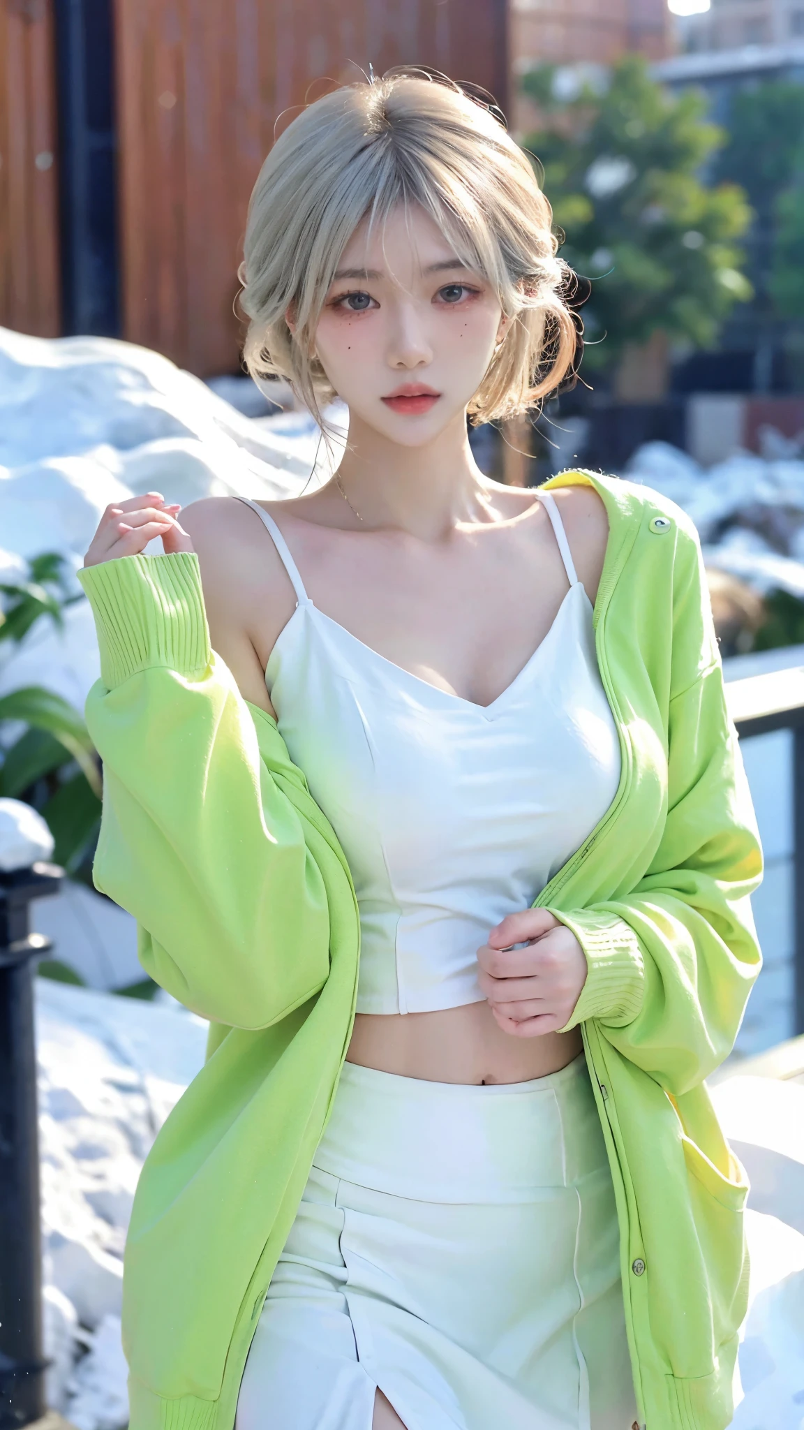Beautiful woman with perfect figure:1.4,snow,Touching butt with both hands,snow背景,Layered Hairstyle,White skin,Prominent cleavage,Pleated Skirt,whole body,Very delicate face and skin texture,Double eyelids,Skin Whitening,Long white hair