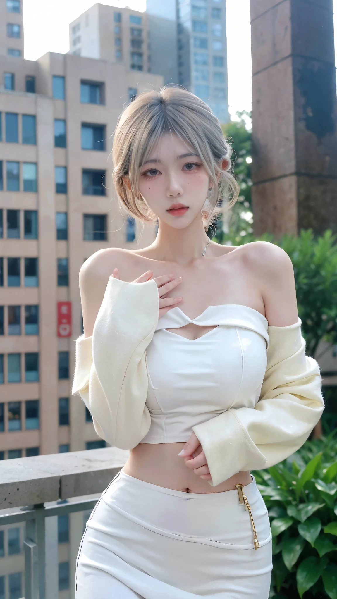 Beautiful woman with perfect figure:1.4,snow,snow背景,Layered Hairstyle,White skin,Prominent cleavage,Pleated Skirt,whole body,Very delicate face and skin texture,Double eyelids,Skin Whitening,Long white hair