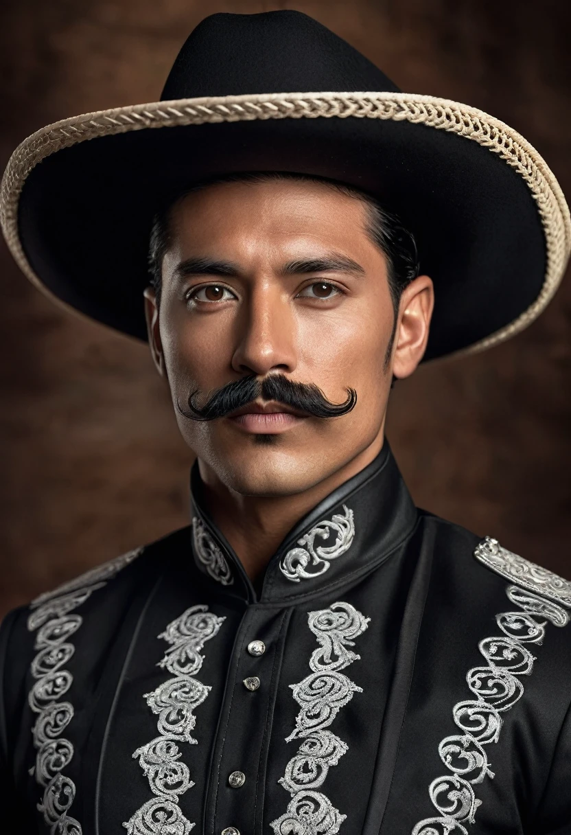 1 man, tan skin, black hair, tapered slick back hairstyle, black mariachi outfit with white color accents, curly handlebar mustache, black cowboy hat, extremely detailed face and eyes, highly detailed, portrait, photo-realistic, hyperrealistic, dramatic lighting, cinematic, epic, masterpiece