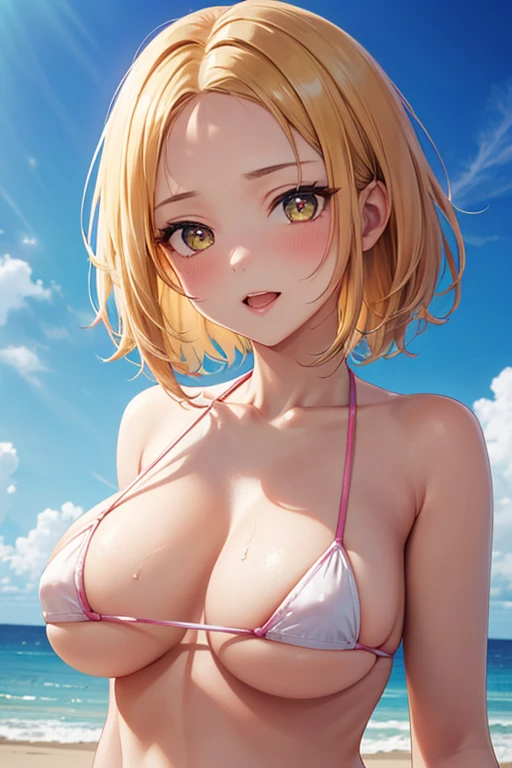 One Woman, Highest quality, masterpiece, Super Resolution, super high quality, Large Breasts, Idol, Beauty, ((From the front 1.2)), Cleavage, 8k, High resolution eyes, High-resolution contours, ((Forehead visible 1.3)), Stylish, High-resolution pupils, blush, High resolution face, High resolution breasts, Ultra HD, Open your mouth, Upper Body, High resolution mouth, Sexy body, ((Super cool face 1.5)), ((Hanging 1.6)), Broken bangs, Yellow Eyes, model, Mature Woman, Adult women, Beautiful clavicle, High resolution hair, Mother, maternal, Underboob, Sideboob, Married Woman, couple, super beautiful, Charm, Alluring, Open your mouth, Blonde, short hair, Micro Bikini, Beach, Textured skin, Textured Breasts,