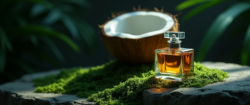 on a rock with moss and a coconut behind the open perfume with dark light
