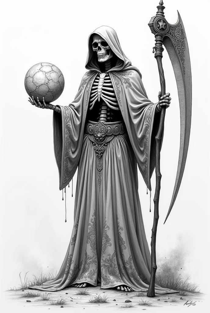 A detailed pencil sketch of Santa Muerte, represented as a male skeleton, portrayed in a powerful and imposing posture. He is dressed in a flowing one-piece robe adorned with intricate patterns, reminiscentes de la iconografía tradicional mexicana pero con elementos moderns y atrevidos que reflejan la cultura narco. In his left hand he holds a detailed, cracked globe., symbolizing their control over the world, and in his right hand he wields a large ornate scythe, with the blade shining menacingly. The background suggests a desolate landscape with subtle traces of urban decay.. The sketch should emphasize the textures of your robe., the detail of the balloon and the sharpness of the scythe, creating a dark and dominant atmosphere. surrealism, Conceptual art, modern, Hyperrealism, pointillism, anime style, multiple monochrome, foreground, Plano americano, dutch angle, UHD, retina, masterpiece, necessary, anatomically correct, textured skin, Super detailed, high level of details, high quality, Award-winning, Best Quality, High resolution, 1080P, HD, 4k, 8k, 16k.