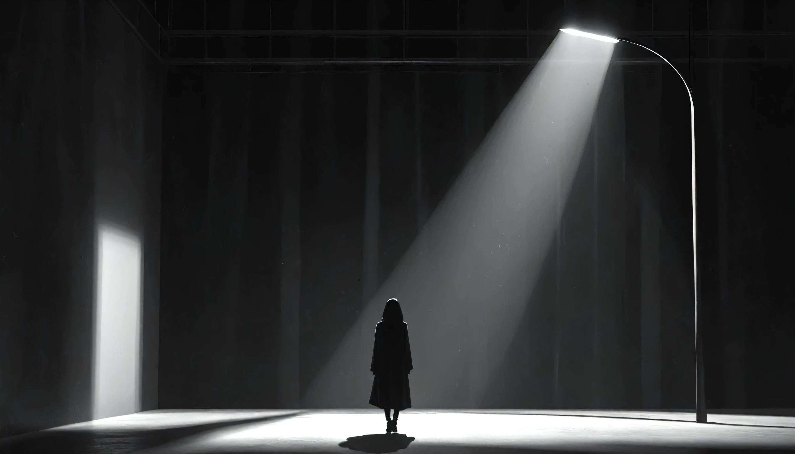 Shadowy figure beneath a single streetlamp on an empty street, minimalist Journey,highres,ultra-detailed,realistic,portrait,monochrome,contrast,bold lines,dark atmosphere,simple composition,dramatic lighting,expressive face,subtle emotions,striking gaze,intense stare,simple clothing,mysterious background,haunting beauty,graceful pose,mysterious aura,vivid black and white tones,ethereal,concept art,journey of self-discovery,quiet introspection,depth of the soul,symbolic representation,minimalist environment,subtle details,emotional depth,striking simplicity,balance of light and darkness,surreal experience,striking shadows,subtle textures,detailed expression,striking visual impact,straightforward yet thought-provoking,wide range of emotional interpretation,shadow,anatomical correct:2
