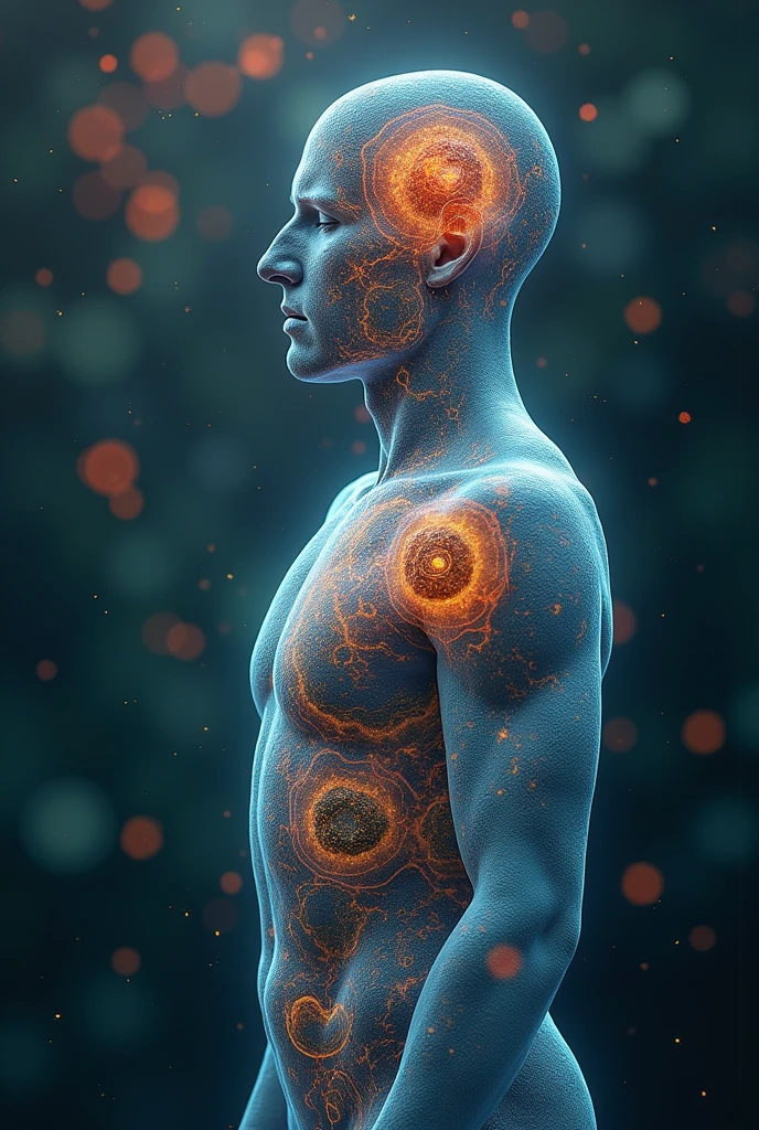 man turning into an atom-sized eukaryotic cell