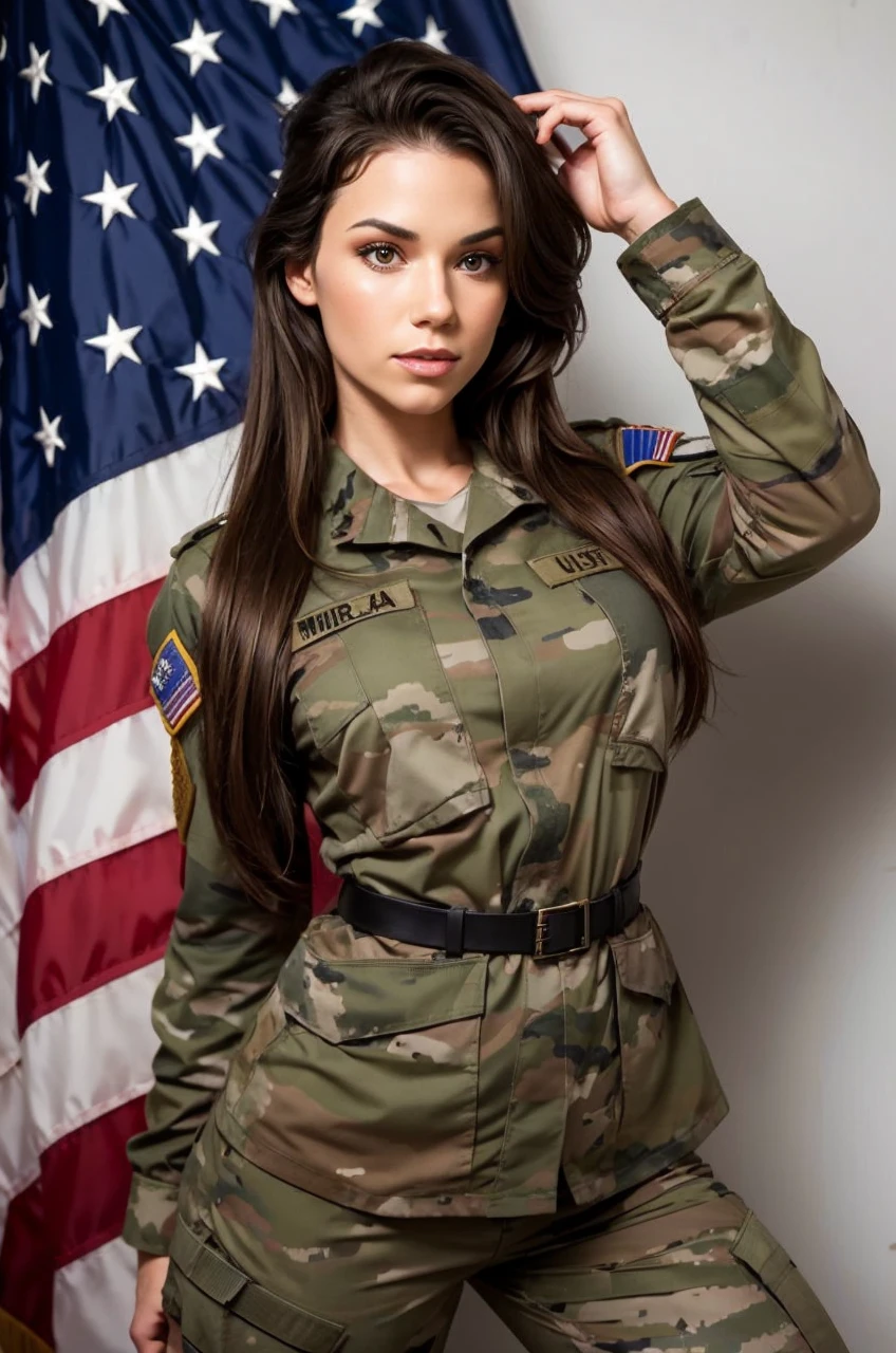 USA military , full body she is waiting to make love to you, , European woman, military uniform, tight top