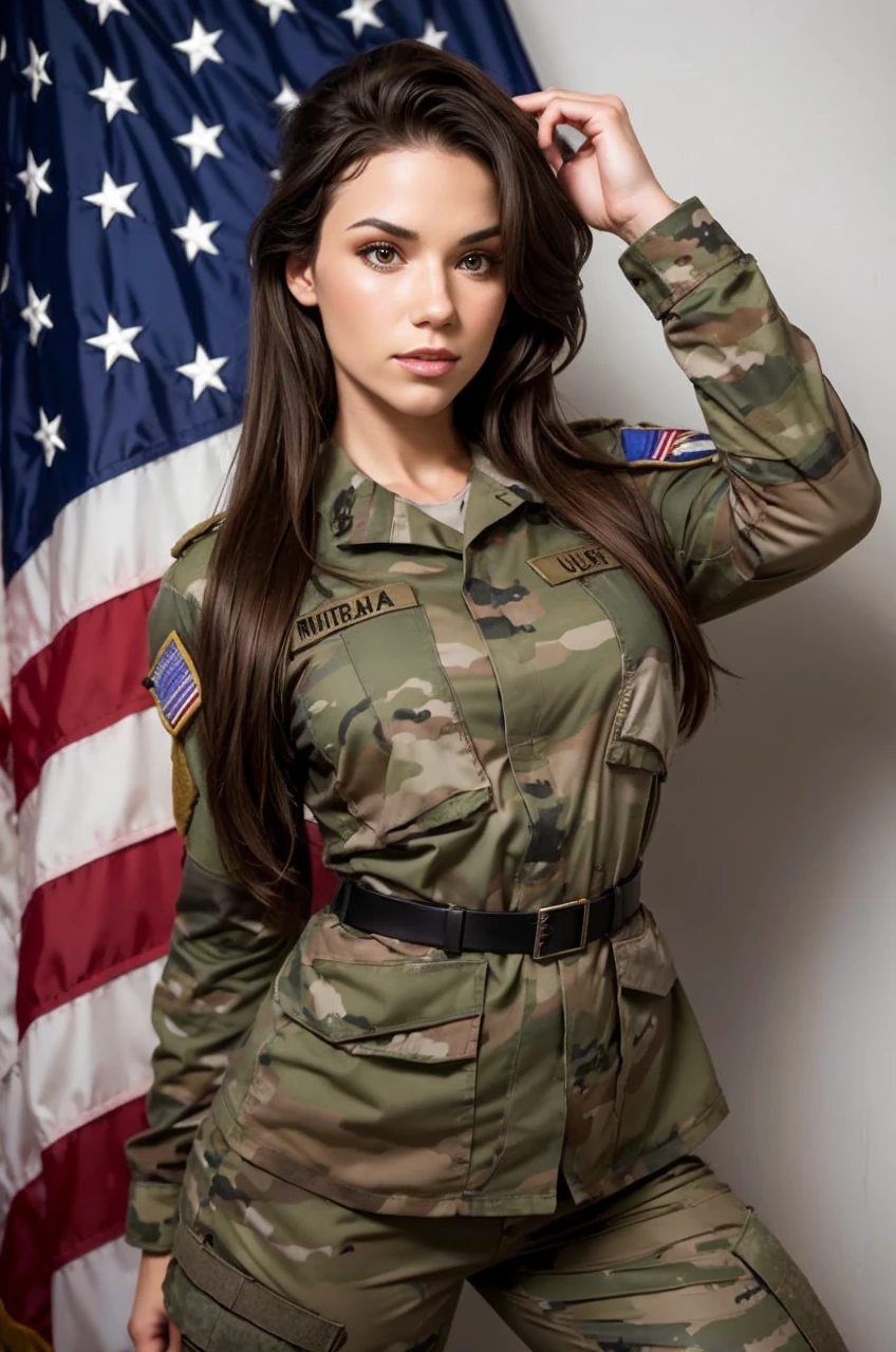 USA military , full body she is waiting to make love to you, , European woman, military uniform, tight top