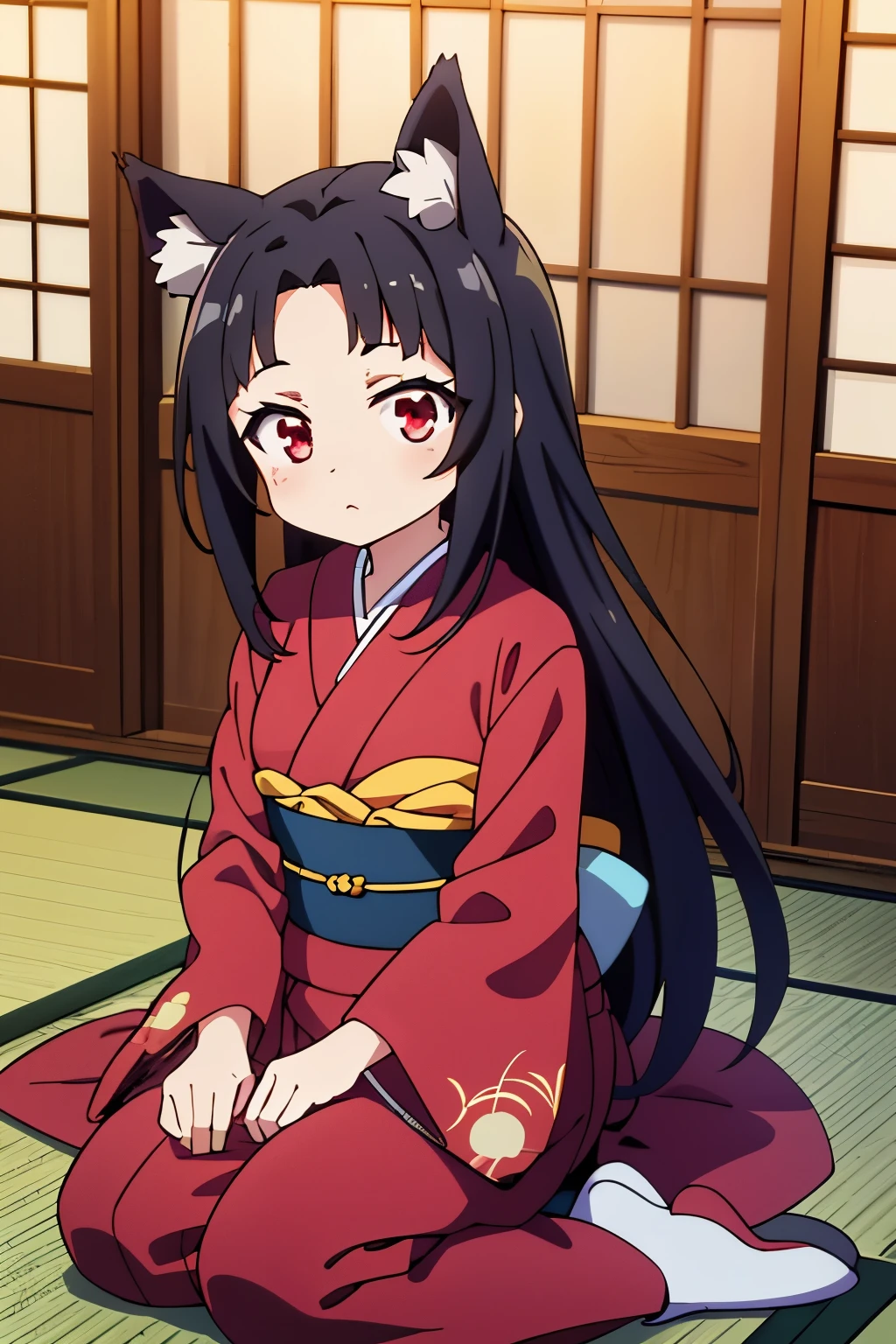 (masterpiece:1.2, Highest quality),(Anime Style),Visible from the knees to the head, Young Girl,Animal ears,Red Eyes,Black Hair,Long Hair,Forehead is visible,kimono,Japan,Japanese-style room