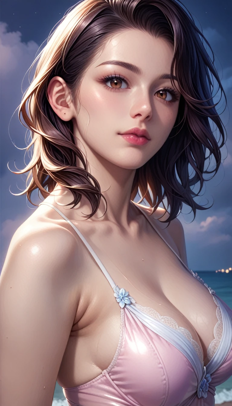 score_9, score_8_superior, score_7_superior, High resolution 3D anime style,A masterpiece in 32K resolution,Highest quality,it is really amazing,Very detailed,Ultra-high resolution,Ultra-realistic,Realistic,Increased depth of field,Cinematic lighting,
(Sexy mature Japan woman:1.2),
(black straight medium hair:1.1),(Ultra-detailed and beautiful face:1.1),(Calm and gentle look:1.1),Beautiful brown eyes,Translucent white skin,Realistic skin texture,Great proportions,
Elegant swimwear,
Summery design,Chic color scheme,Beautiful and delicate decoration,Detailed fabric texture,
(Dark overcast sky on a dull night:1.1),(Dark clouds filling the sky:1),(Thundercloud:1),Coastline at night,Stormy seas,(delay々A desolate sandy beach that continues:1),
Dramatic Angle,