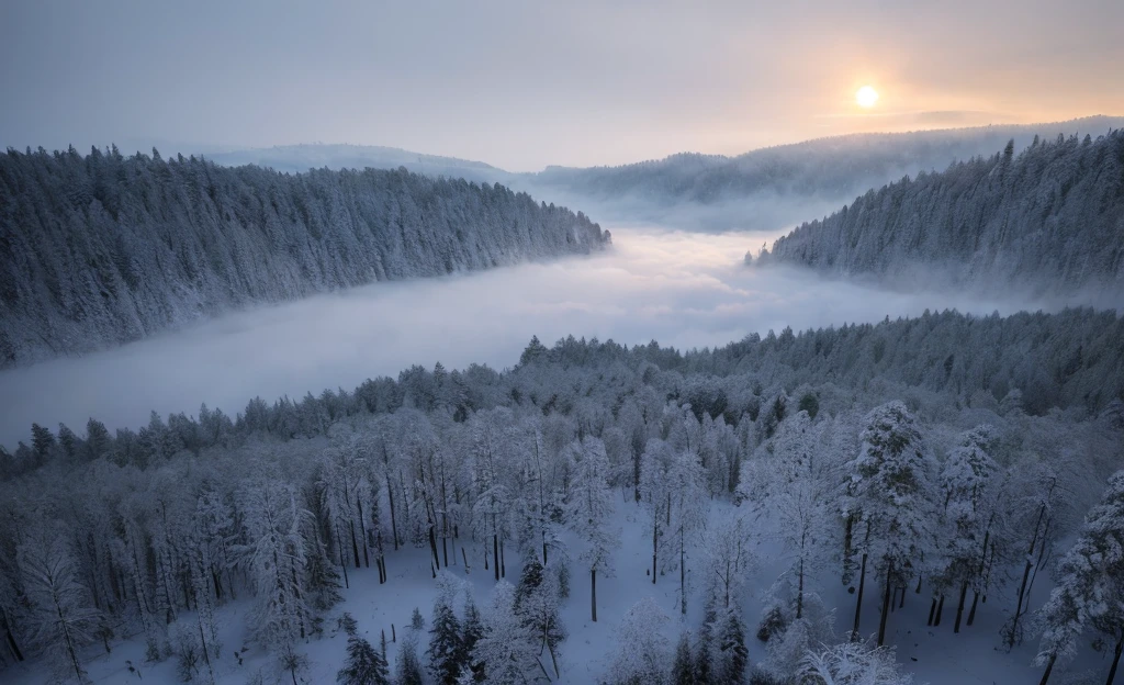 AERIAL, PICTURE TAKEN FROM ABOVE, masterpiece of materpieces, PHOTOREALITIC, DENSE MIST. Lake of blood, red water, blood stains on snow, , RED, DENSE HEAVY SNOW STORM, HEAVY RAIN. Smokey skies cast eerie light in the Anthropocene on a dreamy fairytale like red bloody pond surrounded by wintery full of snow naked cherry blossom trees, snow falling, trees covered in snow in enchanted forest, heavy mist and fog over the lake, fairy tale vibes, petals floating, dreamy looking, Sun burning like fire. Stars on the sky. Field filled with white very little flowers. PHOTOREALISTIC and cinematic. Nikon Z9