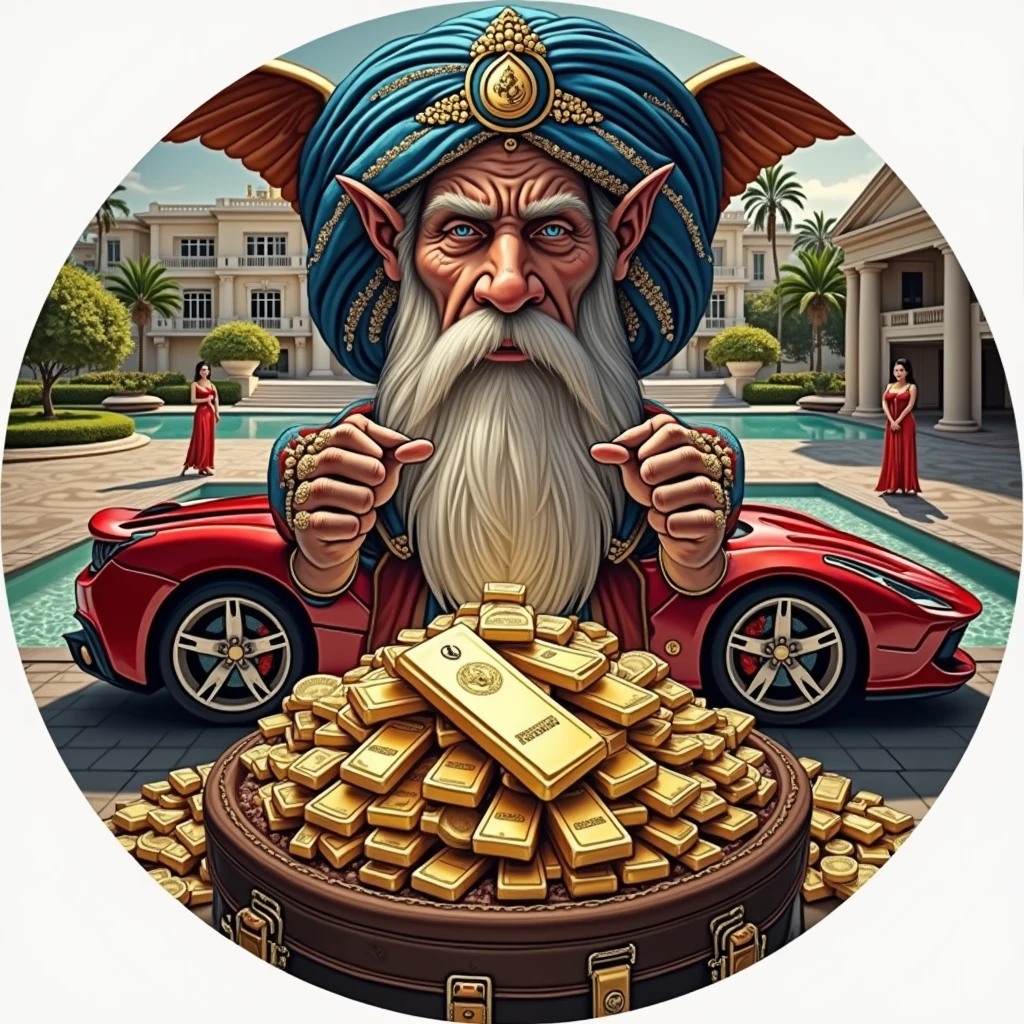 CRIE UMA ultrarealistic image COM UMA FERRARI VERMELHA LINDA ESTACIONADA AO LADO DE BARRAS DE OURO E MALAS ABERTAS COM DOLARES DENTRO, IN THE BACKGROUND A BEAUTIFUL MANSION WITH HOT WOMEN AND NEXT TO THE FERRARI A TURBAN WIZARD, WITH BLUE CLOTHES AND FULL OF JEWELS WHITE BEARD, PERFECT WIZARD HANDS WITH 5 FINGERS, EA FERRARI BIG, real life size, AND THE MODERN MANSION, MODERN ARCHITECTURE WITH POOL AND BEAUTIFUL WOMEN IN FRONT... ultrarealistic image