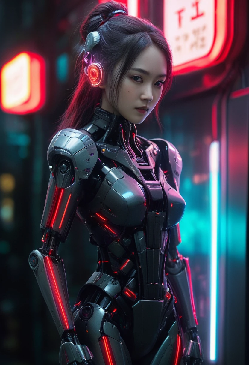 xxmixgirl. Highly detailed professional 35mm film, bokeh, face in sharp focus. A robotic female, Miku, with ((metal skin)), ((perfect Asian eyes)) with magenta irises and ((black pupils)), beautiful serious (detailed face), 18 year old ((photorealistic face)), very long magenta twin tails of magenta hair, twin black hair ties with a single red stripe. She may have a black audio headpiece. We can see her ((full body)) down to her boot soles. Her outfit is a sleeveless collared light grey shirt, outlined in red around the frilled collar and hems. Shiny reflective ((metallic breast cups, dimpleless)), invisible nipples. She wears black sleeves with red hems that start around her upper arm and bellow out as the sleeves open and extend to her wrists, with wide trumpet red rimmed cuffs. She has perfect robotic (detailed hands). She wears a red colored tie with two horizontal solid parallel black lines halfway across. She wears a fabric black skirt with a horizontal red hem at the bottom all the way around; her (((black skirt wraps around her))) and ((her skirt completely covers)) her robotic waist and thighs. Tall black boots with red bottom soles, a red rim around the top at her thighs. Her mechanical shoulder joints are visible. We can see her robotic legs and robotic neck. Half of her is covered with shiny polished machinery. The background is a distant dark neon futuristic Japanese city, gold, cyan, violet neon, near harbor or mountains.