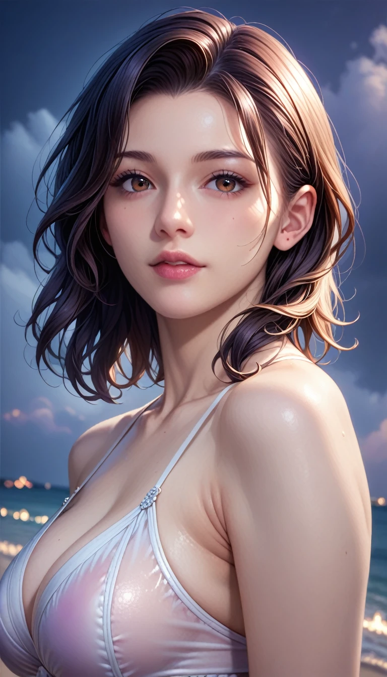 score_9, score_8_superior, score_7_superior, High resolution 3D anime style,A masterpiece in 32K resolution,Highest quality,it is really amazing,Very detailed,Ultra-high resolution,Ultra-realistic,Realistic,Increased depth of field,Cinematic lighting,
(Sexy mature Japan woman:1.2),
(black straight medium hair:1.1),(Ultra-detailed and beautiful face:1.1),(Calm and gentle look:1.1),Beautiful brown eyes,Translucent white skin,Realistic skin texture,Great proportions,
Elegant swimwear,
Summery design,Chic color scheme,Beautiful and delicate decoration,Detailed fabric texture,
(Dark overcast sky on a dull night:1.1),(Dark clouds filling the sky:1),(Thundercloud:1),Coastline at night,Stormy seas,(delay々A desolate sandy beach that continues:1),
Dramatic Angle,