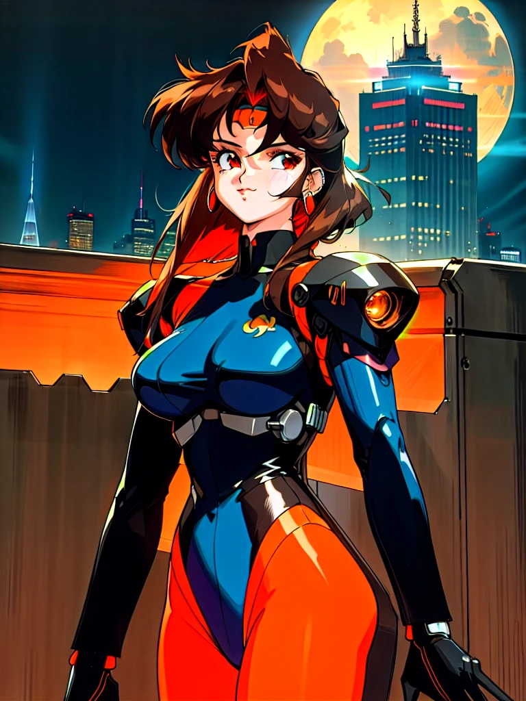 Kenichi Sonoda, retro art-style, 90s Japanese Anime Style, "bubblegum crisis", Sci-fi, Cyberpunk, Neon, Dystopia, (Amid the neon-soaked skyline of towering skyscrapers in mega Tokyo, 20-year-old anime beauty Pris stands alone on a gleaming skyscraper spire, bathed in the dazzling glow of the full moon. Her striking features are accentuated by a dark blue metal hard suit adorned with vibrant orange lines inspired by Syd Mead's industrial machine designs. Her brown medium-length hair frames her piercing gaze while she flashes a confident smile at the viewer. With fearless determination etched on her face, Pris is imposing and her entire presence exudes an aura of cool, stylish elegance. The smooth curves of her shadow, backlit by the moon, create a captivating silhouette, showcasing her unparalleled charm. A beauty under the watchful eye of the city's towering skyscrapers.), 1girl, solo, The main character, "Priss", 20yo, anime beauty, Cool beauty, Unparalleled beauty, Brown medium length hair, red eyes, Cold and sharp eyes, harsh brushstrokes, dramatic lighting, A dark blue metal hard suit with orange lines has a sophisticated design, fearless look, an expression of ridicule, smile, Standing alone in the backlight, she looks cool and stylish, Standing, looking at viewer, close-up photography of upper body, bust shot, Depth of field, character focus, (masterpiece, anime cg, official art, work of art, Award-winning work, extreme quality, ultra high definition, all intricate, overall detailed, finely detailed, super detailed, very aesthetic, boast pompously, focus on entire screen, asymmetrical, raytraced, caustics, textile shading, incredibly absurd resolution, absolutely resolution, ultra high resolution, professional, vivid colors, 16k, perfect anatomy, ideal facial features, Beautifully detailed face, Beautifully detailed eyes, ideally proportioned figure, perfectly beautiful body),
