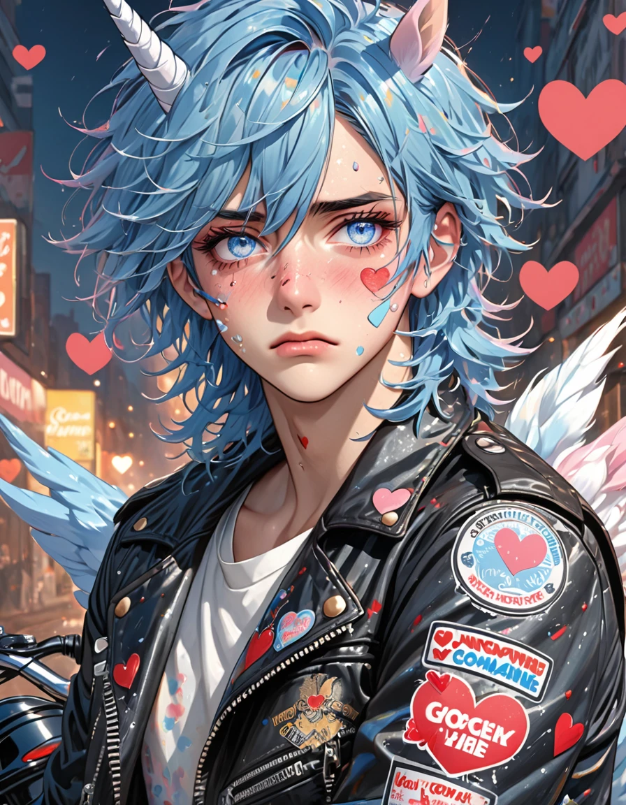 Semi-human unicorn boy, pastel blue hair, long and slightly messy hair, pale blue unicorn horn, dark blue eyes, long eyelashes, red dark circles under his eyes, bruises and wounds on the face, tired expression, blushing, sweaty, handsome,annoyed look, motorcycle jacket, black combat gloves, pins of hearts in the jacket, in the cover of fashion and gossip magazine, band-aid on cheek, heart-shaped pupils