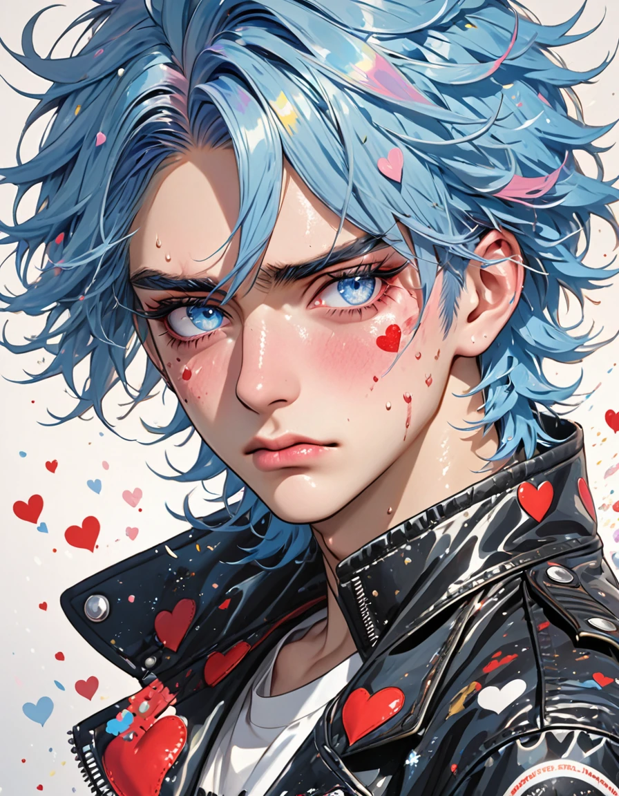 Semi-human unicorn boy, pastel blue hair, long and slightly messy hair, pale blue unicorn horn, dark blue eyes, long eyelashes, red dark circles under his eyes, bruises and wounds on the face, tired expression, blushing, sweaty, handsome,annoyed look, motorcycle jacket, black combat gloves, pins of hearts in the jacket, in the cover of fashion and gossip magazine, band-aid on cheek, heart-shaped pupils