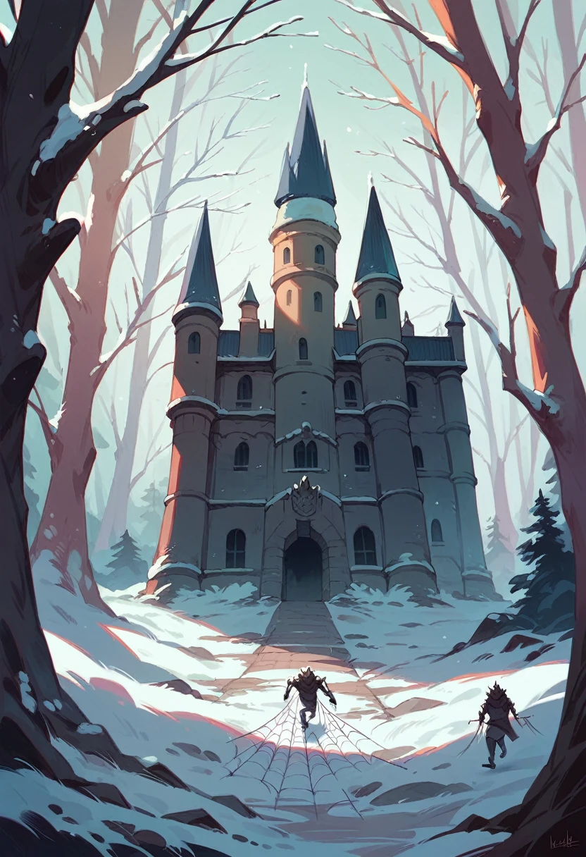 Jon Snow and his direwolf with a group of other guards at Castle Black, They are in a dark forest, walking through the spider web, amidst the cold and snow