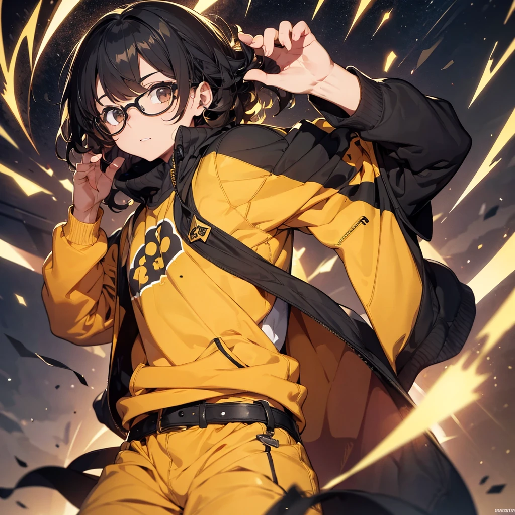 Male He has light power with curly hair wearing glasses and black and gold sweatshirt with defined shape