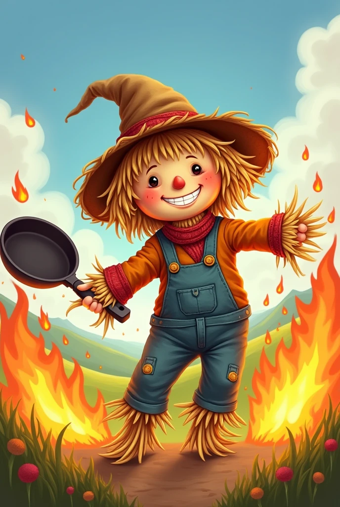 Create a kawaii illustration of a scarecrow with a frying pan in hand and burn it with fire