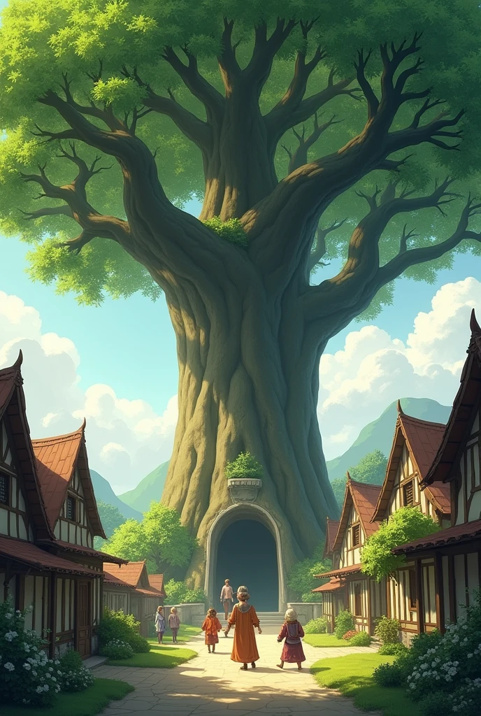 Final Scene with the Sacred Tree and Calm Village: The last scene where the sacred tree stands untouched, with the village returning to its peaceful state. The atmosphere is serene, with a warm, morning light shining through the tree’s leaves, symbolizing the protection and wisdom it offers to the villagers.