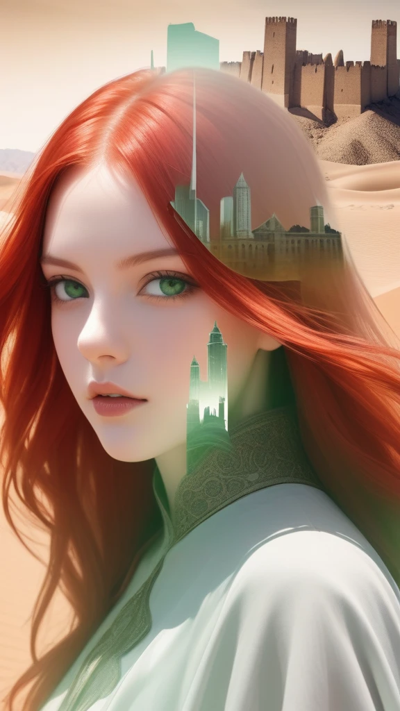 Double Exposure Style,a whie city postapocaliptic, medieval and renacentist place, desert,on the woman face, red hair, green eyes,double image ghost effect,image combination,double exposure style,1girl,, (masterpiece,best quality,ultra-detailed,very aesthetic, absurdres)
