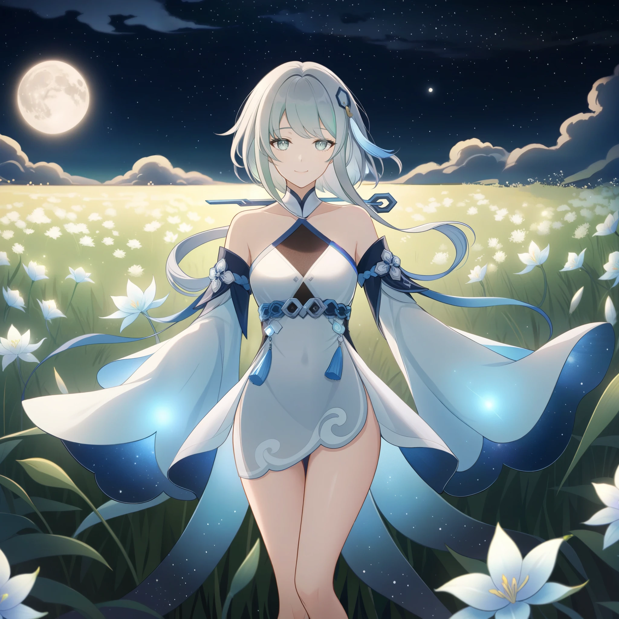 1girl, guizhong_\(genshin_impact\),light grey hair,short_hair_with_long_locks,starry_sky_print,detached_sleeves, long sleeves_past_fingers,hanfu,illustrated by matsuryuu and agahari and dsmile,pale blue eyes,stunning field of softly glowing blue and white glaze lilies,night scene,gentle smile,moonlight,glossy lips,vivid anime coloring,cel shading,smooth, soft dreamy focus,anklet,halter_top,white clothes,highly detailed,digital painting,field of flowers,bare_shoulders,wlop,barefoot,cool night tones, magical night scene,masterpiece, best quality, film, professional, 4k, highly detailed,Guardian nebula of rainbow light and silvery vapor,starry,cosmic,goddess,rich color,hdr,silver moon,

A woman shrouded in mystery, Stand gracefully on the endless shore, Surrounded by shimmering stardust, The bell Creates a faint glow in the haze. Her face, Full of expression and depth
