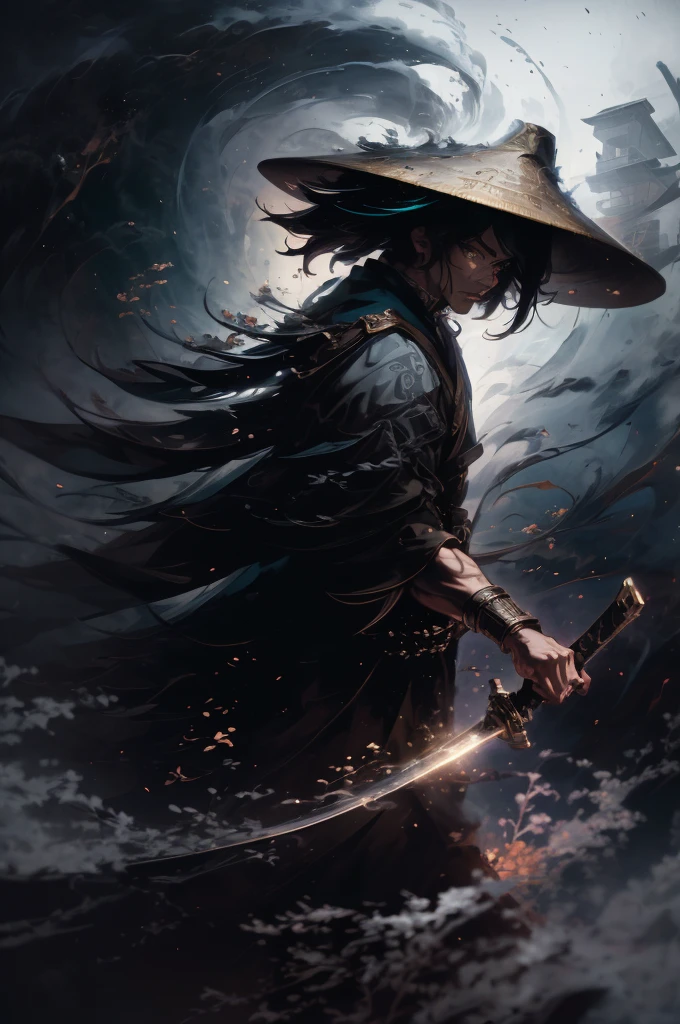 arafed image of a man, a warrior, with a sword in a dark sky, by Yang J, by Tyler Jacobson, masamune, handsome guy in demon slayer art, ross tran 8 k, inspired by Kanō Hōgai, dark fantasy style art, rob rey and kentaro miura style, badass anime 8 k, guillem h. pongiluppi