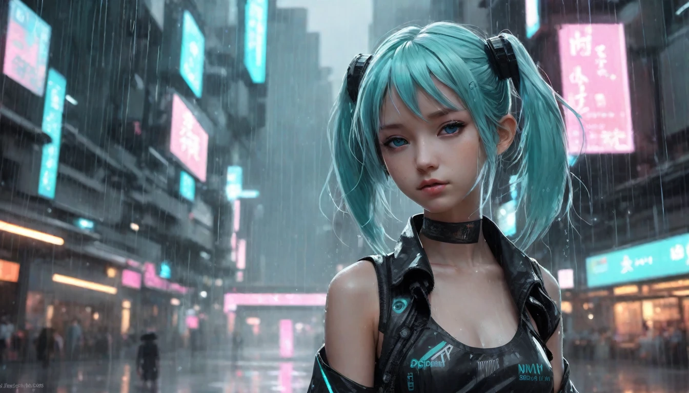 cute woan in a cyberpunk city by wlop,Short mini dress,light rain,Hyper Real,Detailed digital art,hatsune miku ikeuchi,Featured on pixiv,Dystopia,Genshin Impact,Cel Shading,Smooth,Sharp focus,Cel Shading face,by