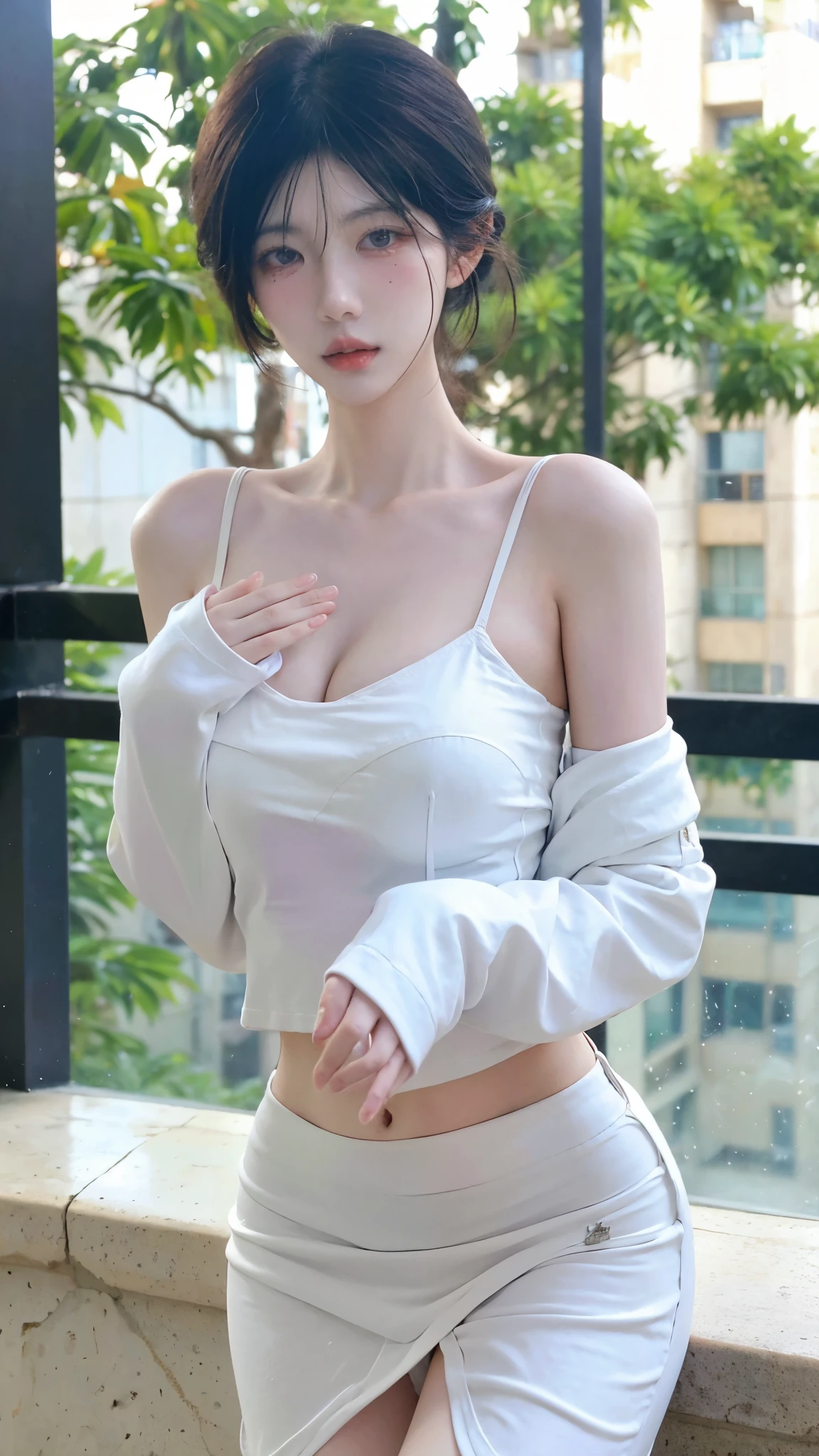 Beautiful woman with perfect figure:1.4，snow，Touching butt with both hands，snow背景，Layered Hairstyle，White skin，Prominent cleavage，Pleated Skirt，whole body，Very delicate face and skin texture，Double eyelids，Skin Whitening，Long white hair