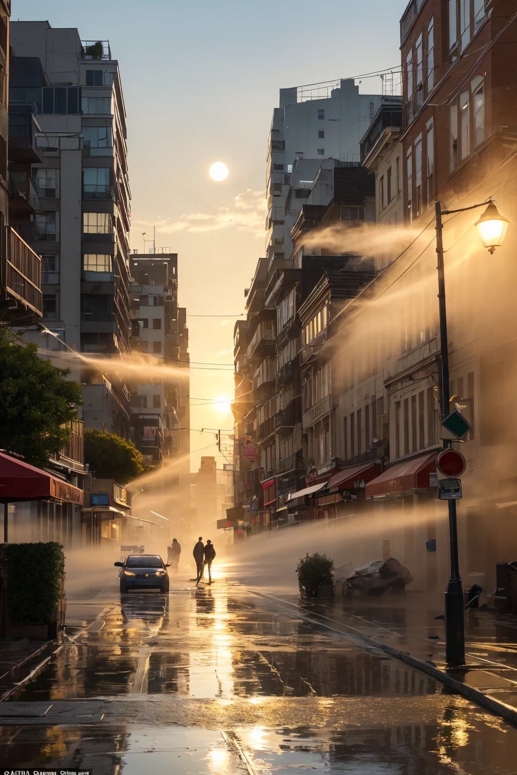 An evening scene. The sun is setting, casting a warm, golden light across the scene. Water splashes onto a city street. The ground is slightly damp, with a light mist rising, giving the area a cool and refreshing atmosphere. No people are visible,