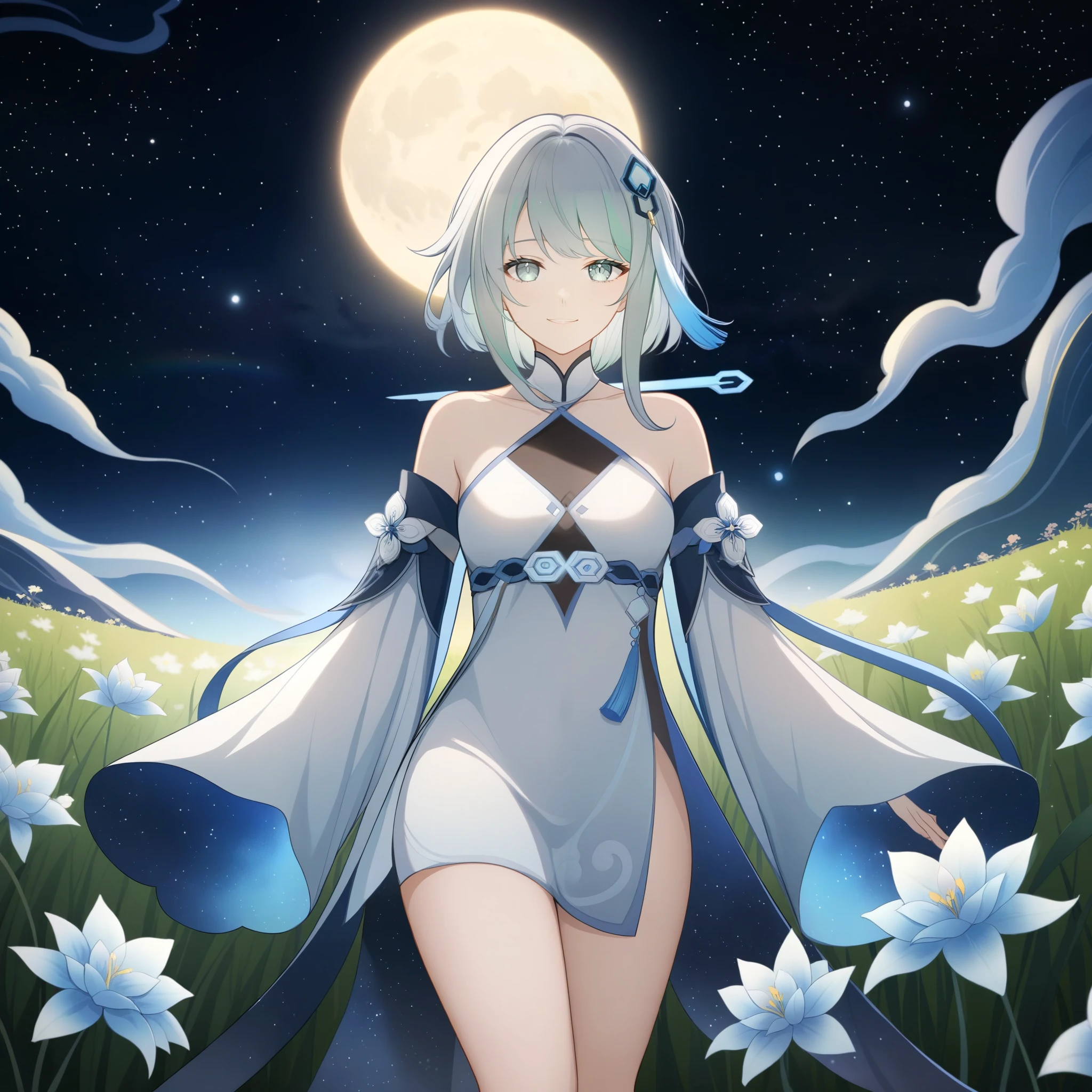 1girl, guizhong_\(genshin_impact\),light grey hair,short_hair_with_long_locks,starry_sky_print,detached_sleeves, long sleeves_past_fingers,hanfu,illustrated by matsuryuu and agahari and dsmile,pale blue eyes,stunning field of softly glowing blue and white glaze lilies,night scene,gentle smile,moonlight,glossy lips,vivid anime coloring,cel shading,smooth, soft dreamy focus,anklet,halter_top,white clothes,highly detailed,digital painting,field of flowers,bare_shoulders,wlop,barefoot,cool night tones, magical night scene,masterpiece, best quality, film, professional, 4k, highly detailed,Guardian nebula of rainbow light and silvery vapor,starry,cosmic,goddess,rich color,hdr,silver moon,

A woman shrouded in mystery, Stand gracefully on the endless shore, Surrounded by shimmering stardust, The bell Creates a faint glow in the haze. Her face, Full of expression and depth
