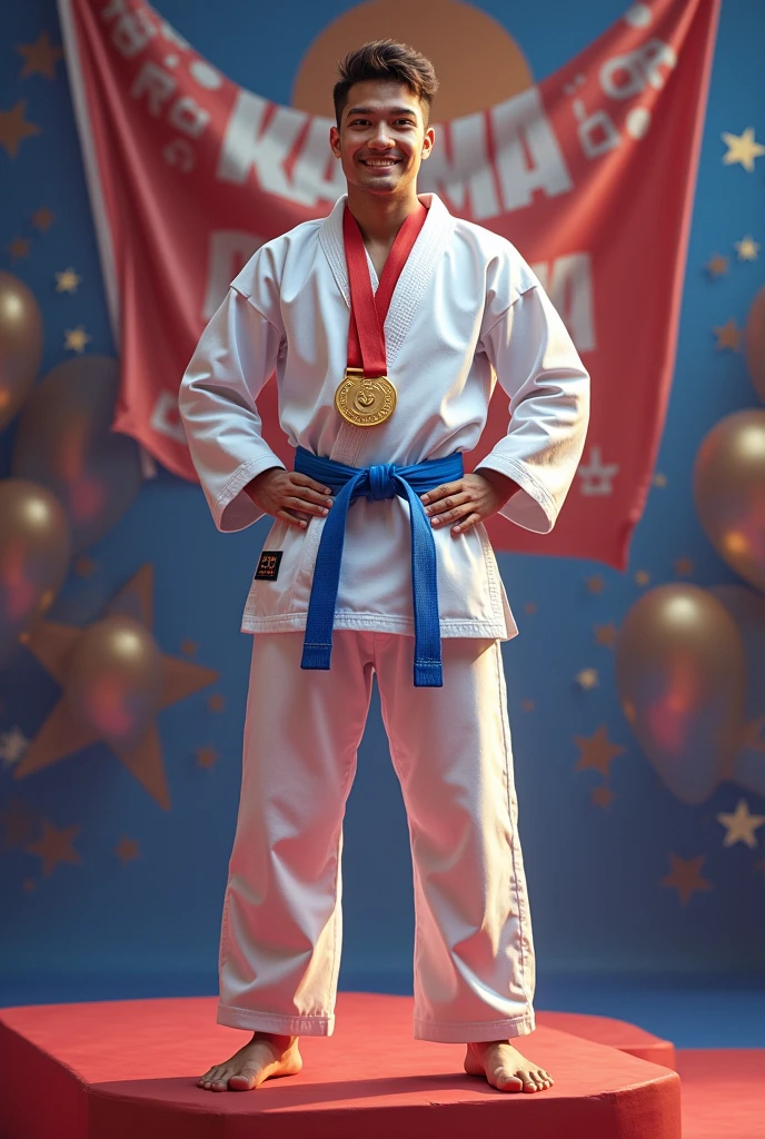 Young white man on podium 1st place in blue belt karate holding 2 gold medals with banner behind