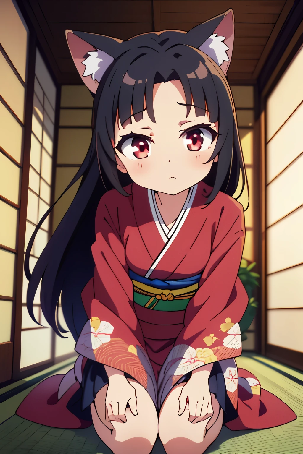 (masterpiece:1.2, Highest quality),(Anime Style),Visible from the knees to the head, Young Girl,Animal ears,Red Eyes,Black Hair,Long Hair,Forehead is visible,kimono,Japan,Japanese-style room