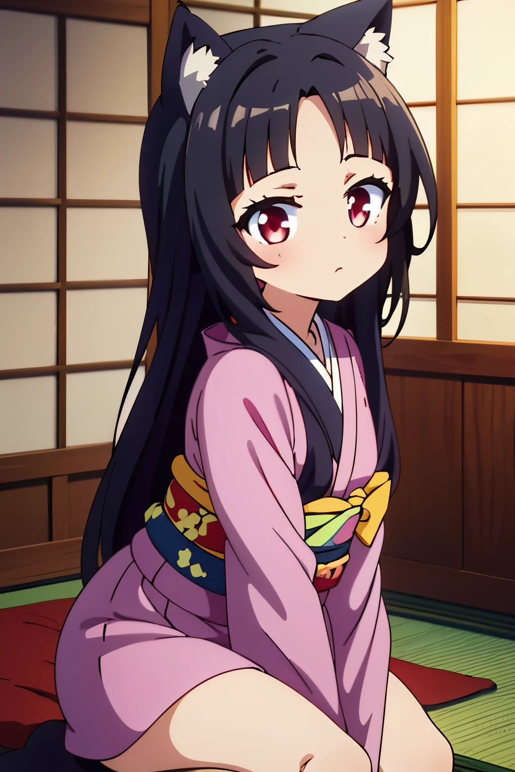 (masterpiece:1.2, Highest quality),(Anime Style),Visible from the knees to the head, Young Girl,Animal ears,Red Eyes,Black Hair,Long Hair,Forehead is visible,kimono,Japan,Japanese-style room