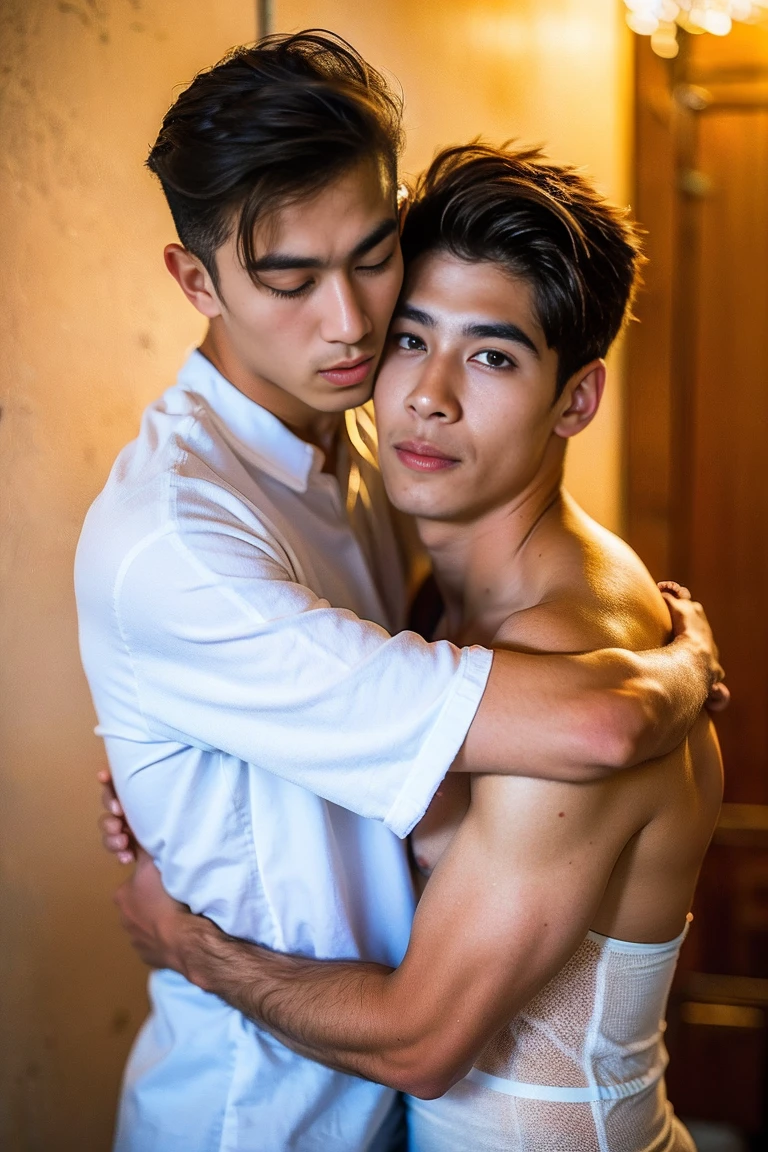 Realistic photography, 8k ,Thai man with brown hair, handsome hugging and kissing with older white American man , naked , big bulge 