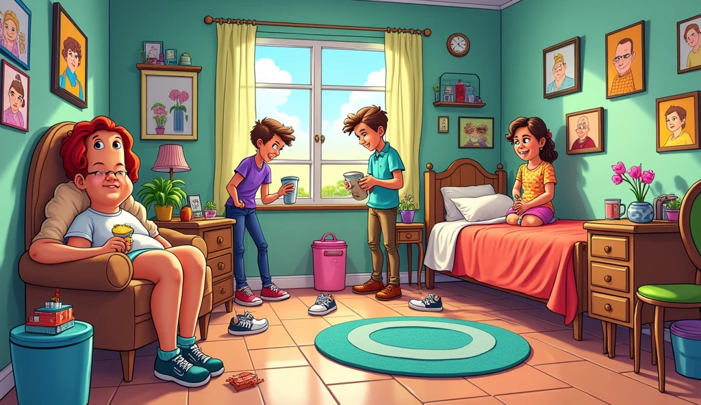 VARIOUS PEOPLE IN THE BEDROOM DOING VARIOUS ACTIVITIES CARTOON
