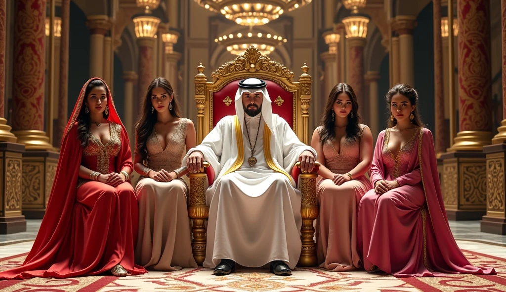 Give me a very realistic and captivating photo of the king of Dubai sitting on his royal throne inside his palace, next to him are his 5 beautiful wives, very well lit photo, bright and striking colors, lots of detail, 4k,