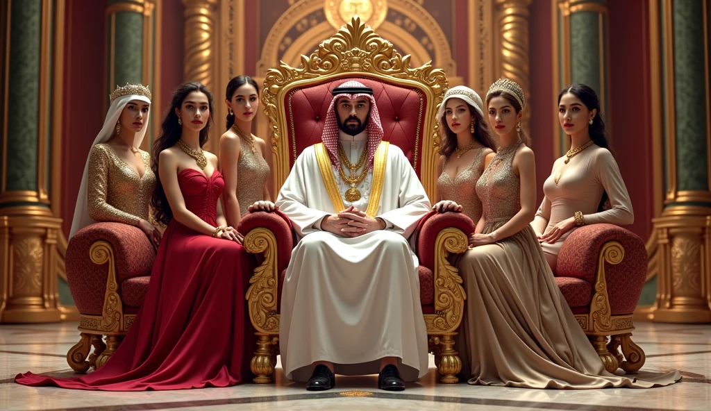 Give me a very realistic and captivating photo of the king of Dubai sitting on his royal throne inside his palace, next to him are his 5 beautiful wives, very well lit photo, bright and striking colors, lots of detail, 4k,