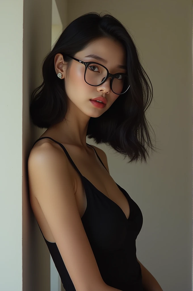 Asian woman with glasses sexy pose