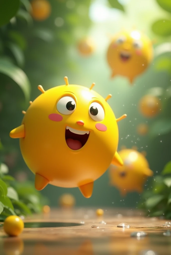 [3D stylized animation reminiscent of the work of pixar and studio ghibli], [ soft, diffuse lighting, vibrant colors, shiny textures, shallow depth of field, bokeh effect in the background, water drops reflecting the light]lol emoji, isolated, 3D render, 8k, cinematic lighting, bright colors, glowing, metallic, glossy, detailed, photorealistic, highly detailed, intricate details, dynamic composition, dramatic shadows, volumetric lighting, high-quality, sharp focus, ultra-detailedShow several round yellow balls like (((Emoji))), with anthropomorphic features such as smiling faces and rosy cheeks. The round yellow balls are suspended in the air against a blurred background of green foliage, with visible water droplets around, suggesting rain or a misty environment. The faces on the round yellow balls have black eyes and mouths, and pink cheeks, adding a playful and animated character to the objects. The round yellow balls with drawn faces have black eyes and mouths, as well as rosy cheeks. They are suspended in the air, creating a sense of movement. The background is blurred, but it is possible to identify that it is green foliage, suggesting a natural environment. There are visible water droplets around the round yellow balls, indicating that the image was captured in a rainy or misty environment. Predominantly white with black (eyes and mouths) and pink (cheeks) details. Blurred shades of green, representing foliage. Transparent, but visible due to the reflection of light. It conveys a playful and animated feeling, thanks to the smiling faces on the round yellow balls and the natural environment with water droplets, which add a touch of freshness and dynamism. The smiling faces and rosy cheeks on the round yellow balls can symbolize joy, fun, and a positive attitude. They convey a sense of happiness and lightness.

The round yellow balls have drawn faces, which is common in illustrations and animations aimed at a child or playful audience, similar to Disney characte