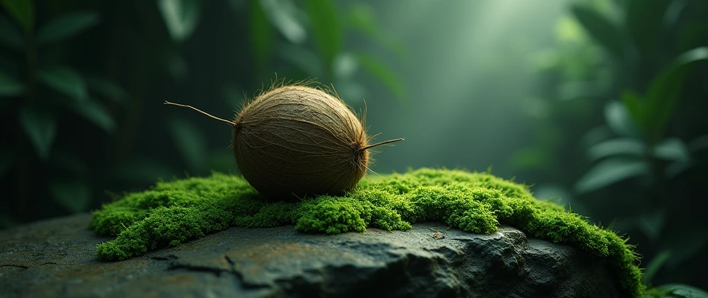  on a rock with moss and a coconut behind with dark light
