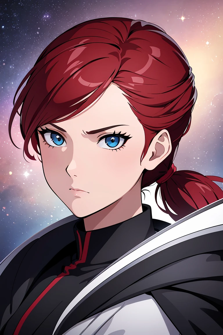 (high-quality, breathtaking),(expressive eyes, perfect face) 1girl, female, solo, ager, short ponytail length hair, red hair color, multicolored hair, glowing hair, loose hair, wavy hair, grey eye color, soft expression, black cloak, black shirt, fantasy mawarrior high-tech clothing, scars, space background, portrait, upper body, magic, serious, beautiful hairstyle, soft makeup, age 16, ponytails